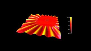 短いレーザーパルスで加熱した後の、ニッケルナノ粒子を含む非常に薄い (30 nm) 自立窒化ケイ素薄膜。ナノ粒子が基板と反応し、膜内に誘発された応力により膜表面に大きな波紋が生じている。