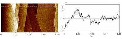 AFM topography image of HOPG (left) and scan profile along the dashed line (right)