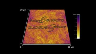 ポリカーボネートにスクラッチリソグラフィで描画したBudgetSensorsロゴ
BudgetSensors Tap300Al-G使用</b>AFMはAsylum MFP 3D