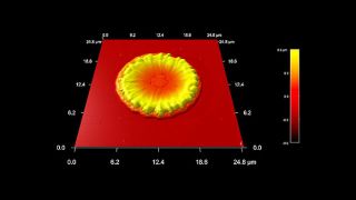 宇宙船のイオンスラスターの排気の溶融銅液滴が衝突したシリコン表面