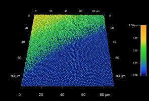 希少なオパールは、数百ナノメートルのサイズの密集したシリカ球で構成されている。オパールの美しい色は、光の回折と干渉によって作られている。この 90 um AFM スキャンは、ナノ球体で構成されているオパール表面の、2つの平面の境界部分を測定したものです。
