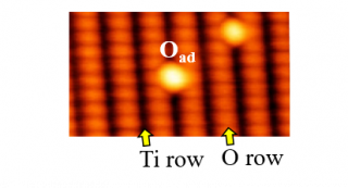 O-TiO2(110)-(1×1) 表面の形状　明るいライン状の部分がO2c 暗いライン上の部分がTi5c　さらに明るいスポット形状の凸部が Oadである (f0=807 kHz, Q=23620, Δf=−70Hz, VDC=0.6V  A=500pm, イメージサイズ: 3.5x2.0nm2).　
研究室で構築した独自のノンコンタクトAFMを使用し測定　超高真空環境(3x10^-11Torr)  78K　frequency modulation (FM)モード
使用プローブ：NANOSENSORS SD-T10L100 AFMプローブ, f0~800kHz.
