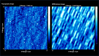 表面形状 (左)と磁気力像 (MFM)位相イメージ (右) 　サンプルは2.5” IBM-Hitachi DJSA-220 12GB ハードディスク
NANOSENSORS Akiyama-probeにカスタムの磁性膜コーティングを行い、frequency modulationで測定　
磁気像の測定にはリフトモードを使用　ハイトは70nmを指定
