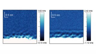 FM-AFMによるアルカンチオール自己組織化単分子膜の水和構造の観察
周波数変調原子間力顕微鏡を用いて、水酸基で終端したアルカンチオール自己組織化単分子膜の水和構造を観察した。(√3×√3)構造とc(4×2)超格子構造の2つの分子構造が観察でき、分子配列のわずかな違いにより水和構造が異なることがわかった。
サンプル：Au(111) 基板上の OH終端アルキルSAM膜 (C11OH)
溶液    ：0.1M KCl